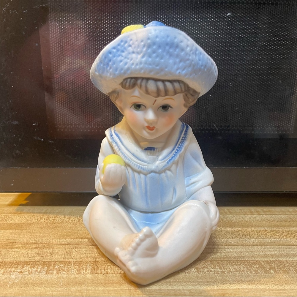 Bisque Porcelain Piano Baby Figurine, Little Victorian Boy In A Sailor Suit